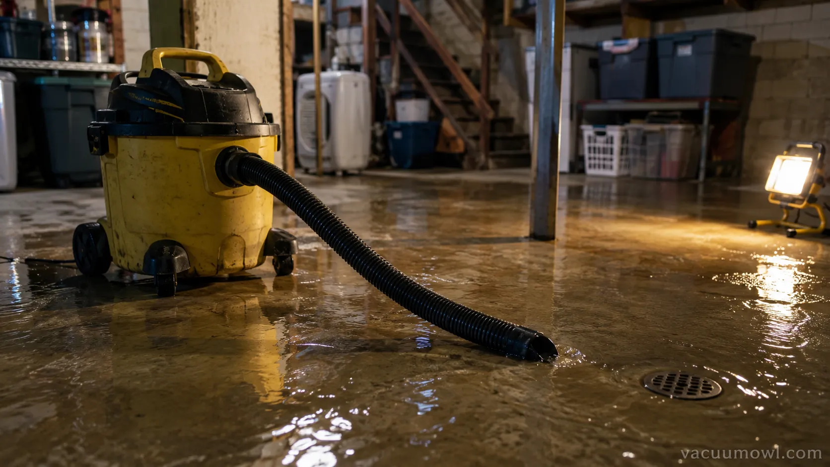 Canister wet dry vacuum hose resting in standing water on a basement concrete floor near a drain during a cleanup.