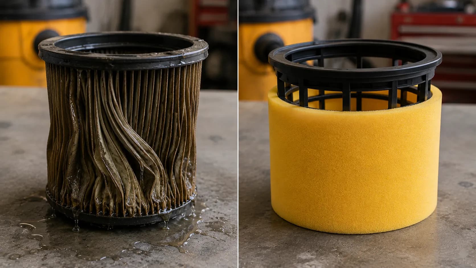 Soaked paper cartridge filter beside a clean foam sleeve fitted on a filter cage, showing the wet-mode filter swap.