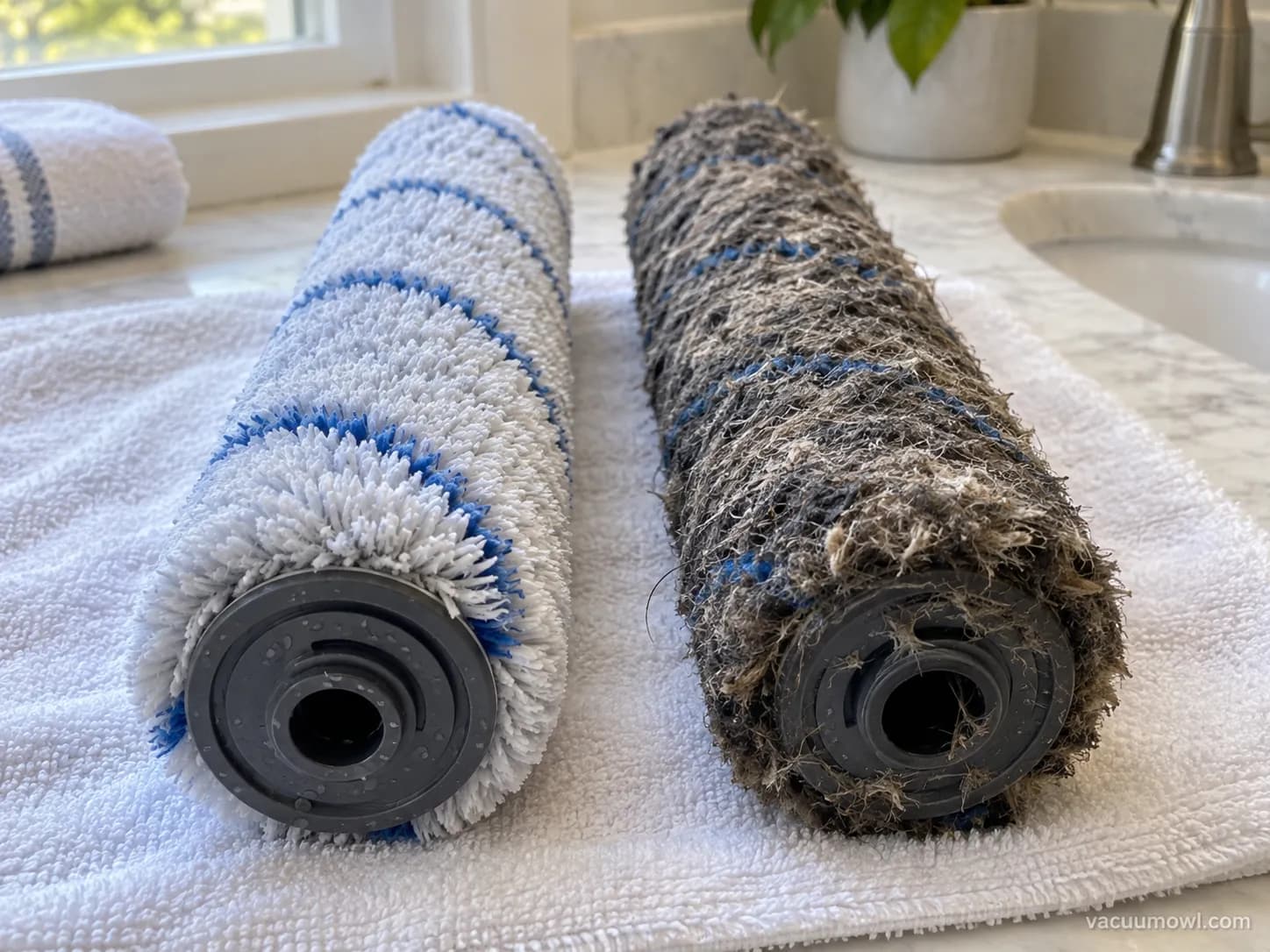 Clean versus dirty wet dry vacuum mop roller after one day, 2026.