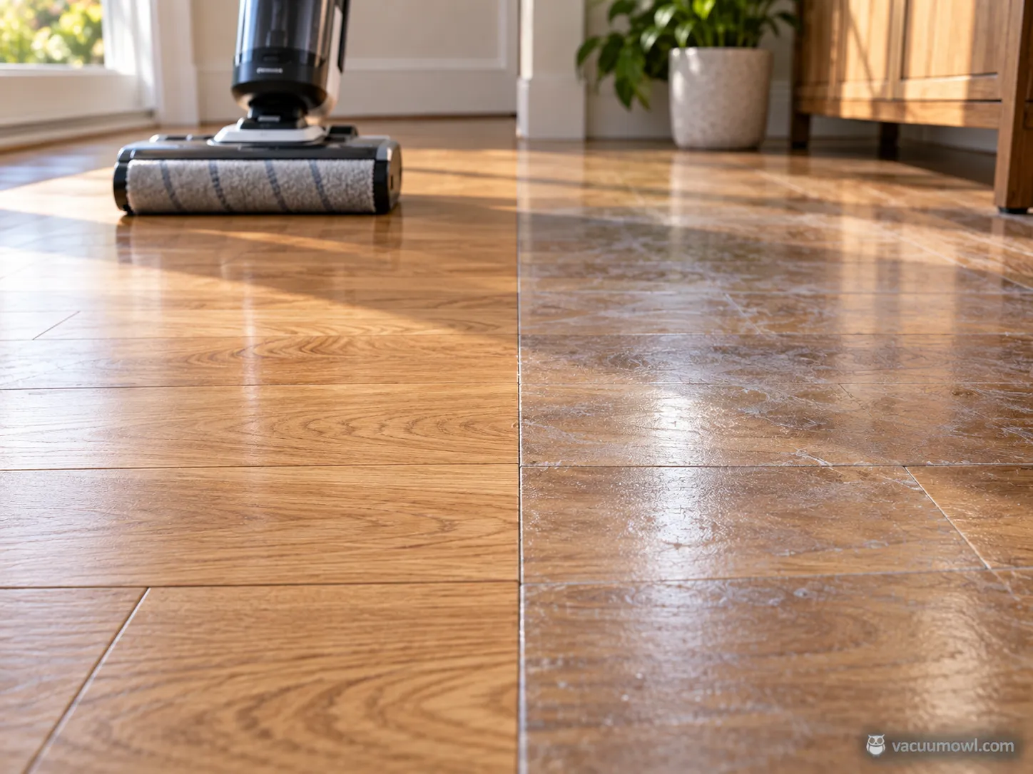 Floor washer result on sealed versus waxed hardwood after one pass, 2026.