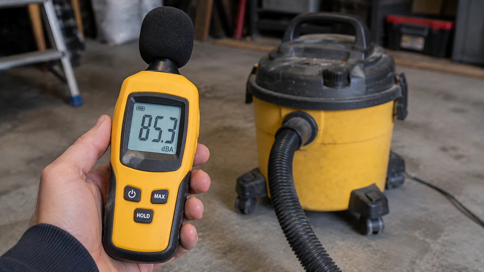 Handheld decibel meter reading in the mid-eighties held beside a running canister wet dry vacuum in a garage.