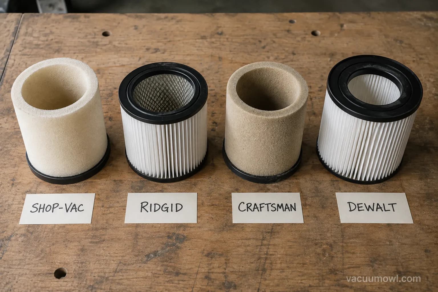 foam and cartridge shop vac wet filters from four brands compared side by side