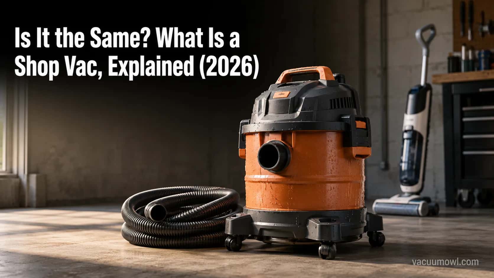 A wet/dry shop vacuum beside a cordless floor washer, the two machines both called a shop vac.