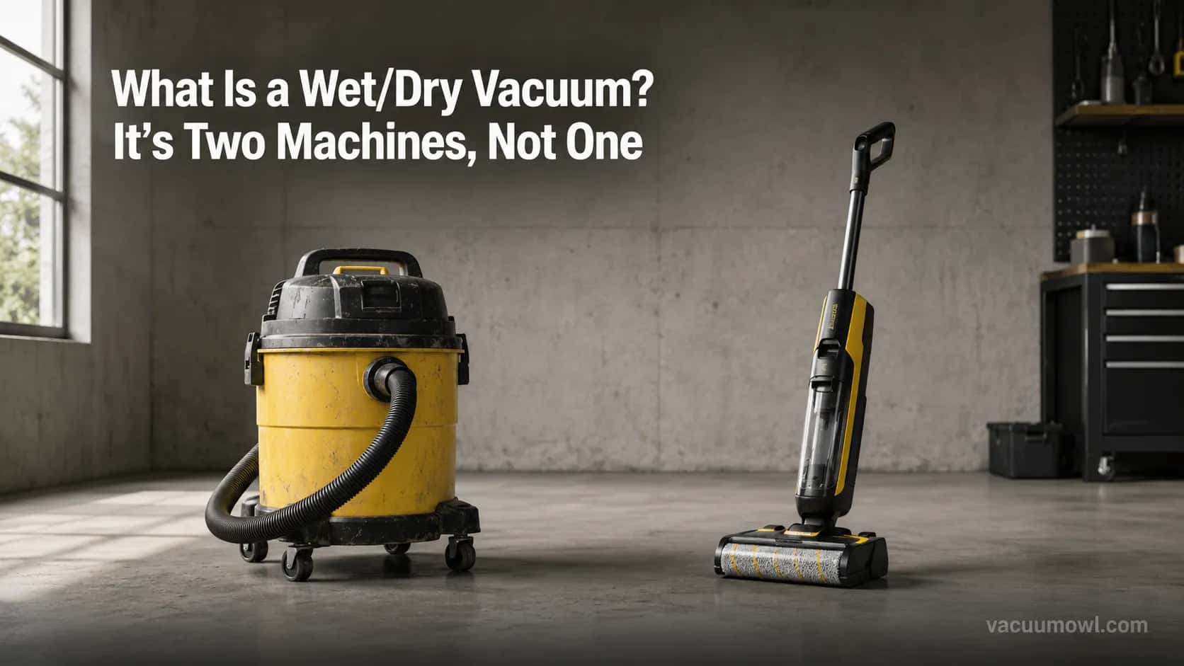Canister shop vac and cordless floor washer standing side by side, the two machines called a wet dry vacuum.