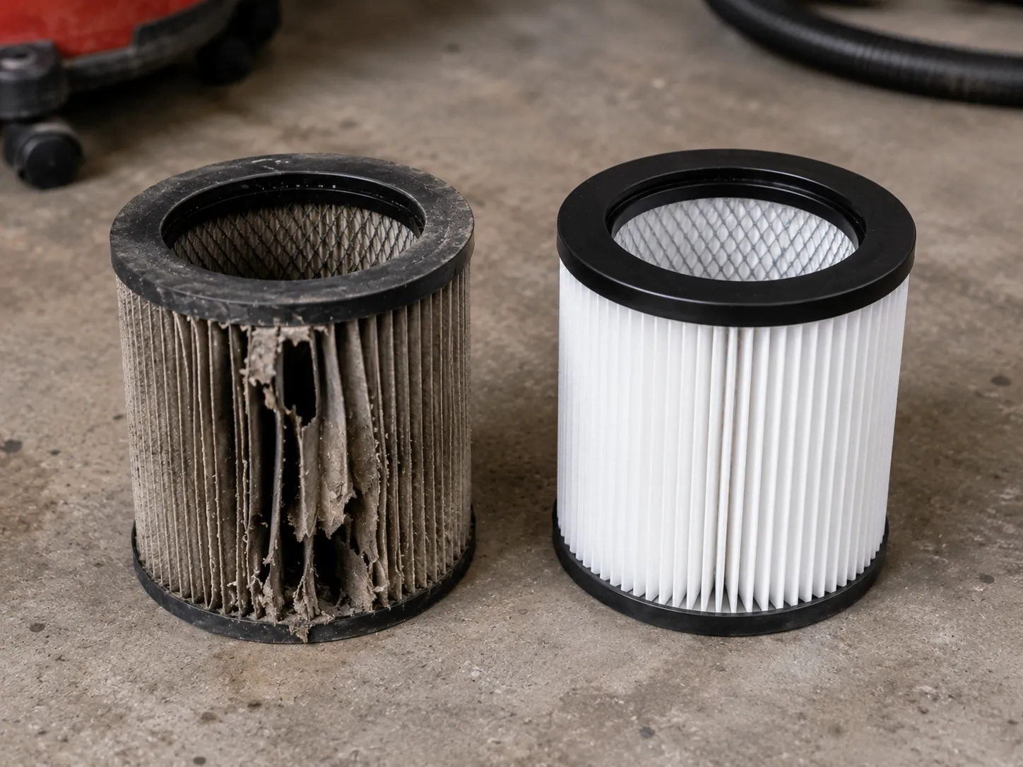 A worn torn grey shop vac filter next to a clean new replacement filter