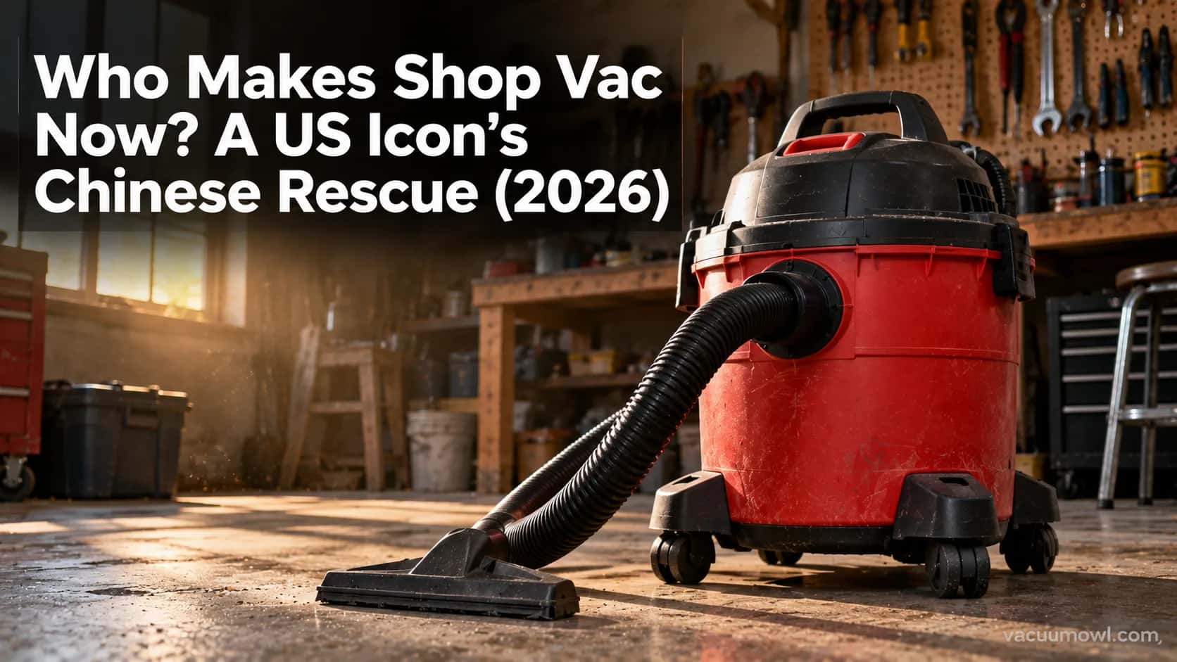 Red and black shop vacuum in a workshop illustrating the question of who makes Shop-Vac today.