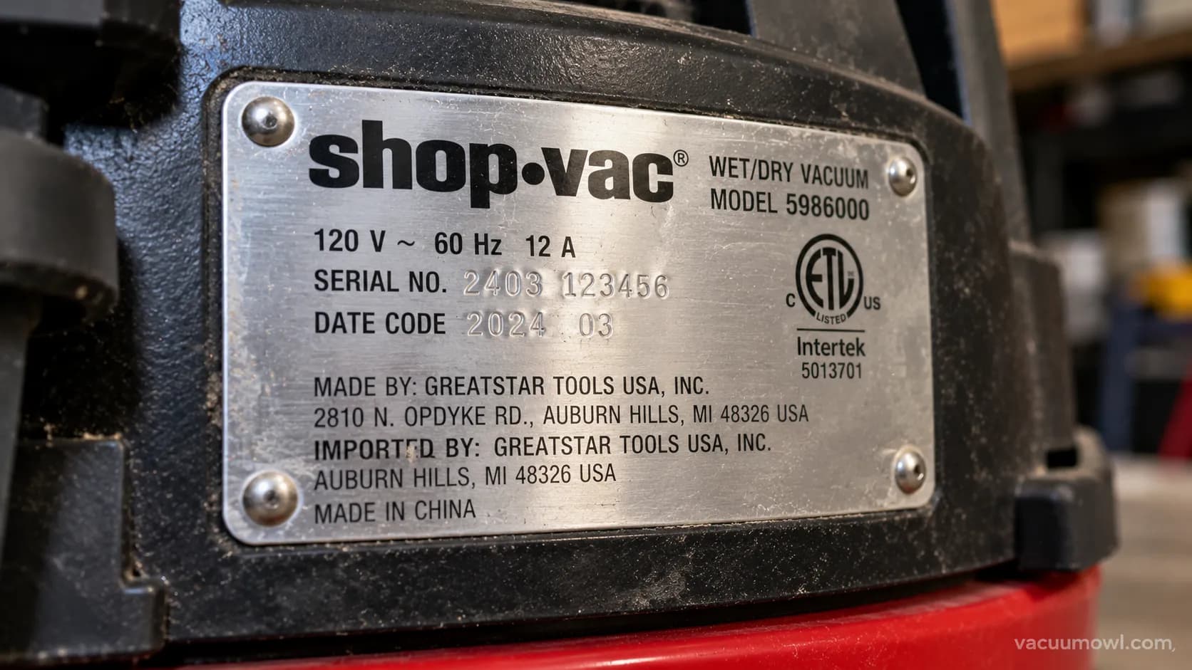 Shop-Vac data plate showing GreatStar Tools USA as the current maker.