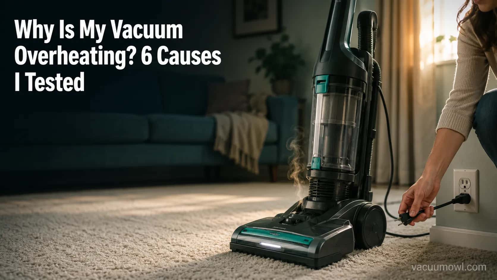 overheating vacuum cleaner on a rug with a hand reaching to unplug it