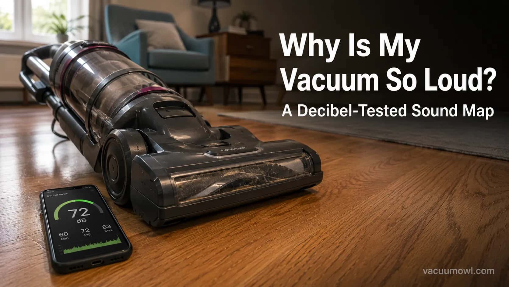 diagnosing why a vacuum is so loud with a decibel meter app on the floor