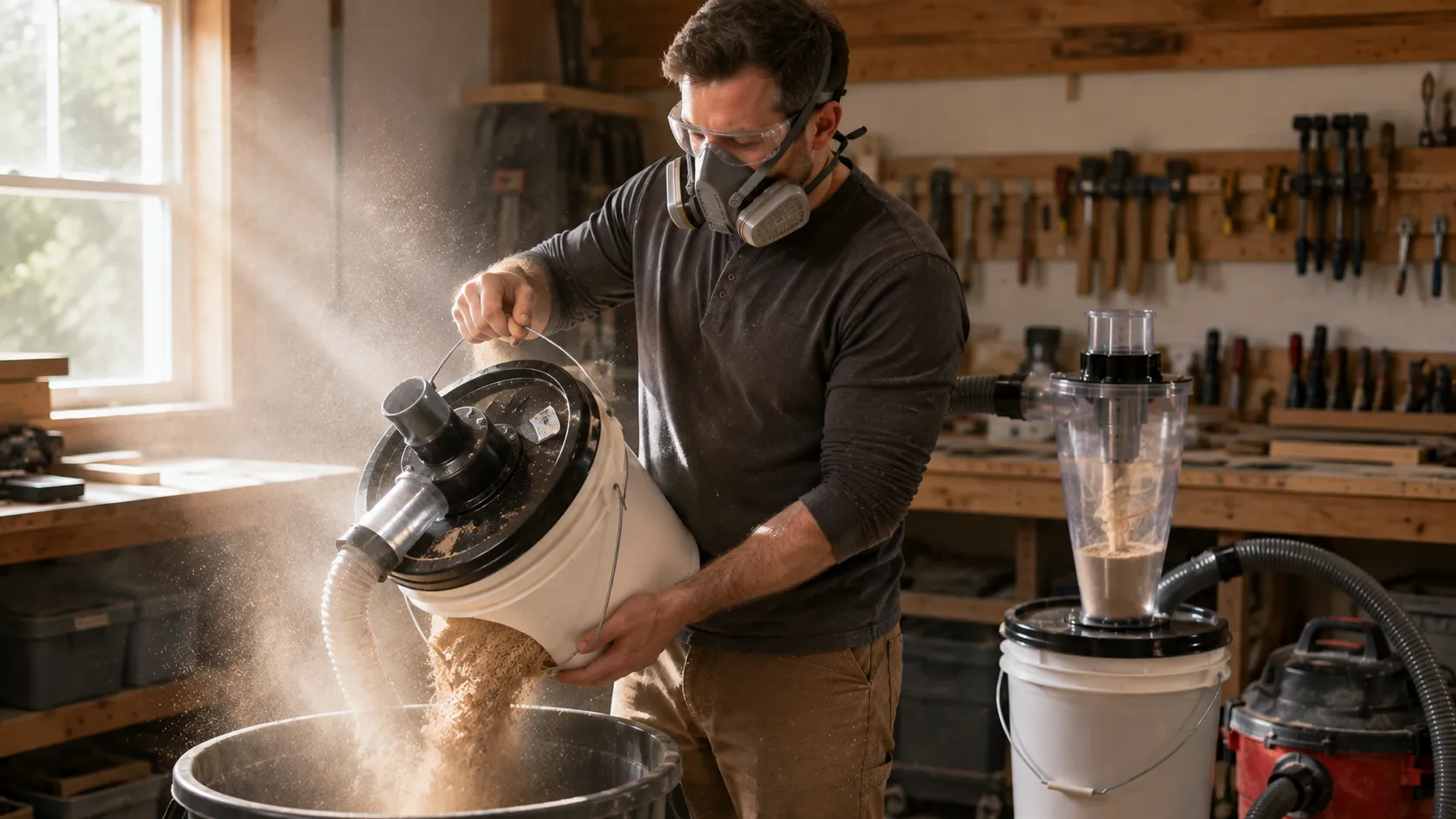 woodworker wearing a respirator while emptying a shop vac dust collection bucket.