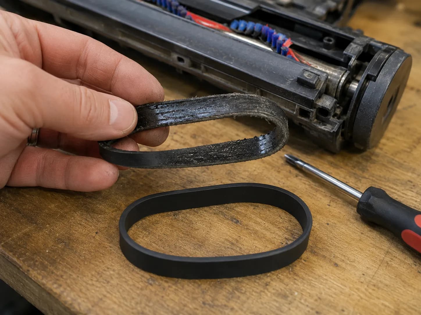 worn glazed vacuum drive belt held beside a new replacement belt